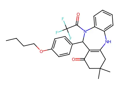 6-(4-butoxyphenyl)-9,9-dimethyl-5-(2,2,2-trifluoroacetyl)-6,8,10,11-tetrahydrobenzo[b][1,4]benzodiazepin-7-one structure