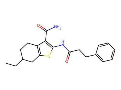 6-ethyl-2-[(3-phenylpropanoyl)amino]-4,5,6,7-tetrahydro-1-benzothiophene-3-carboxamide structure