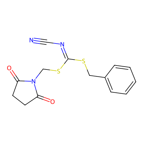 [Benzylsulfanyl-[(2,5-dioxopyrrolidin-1-yl)methylsulfanyl]methylidene]cyanamide structure