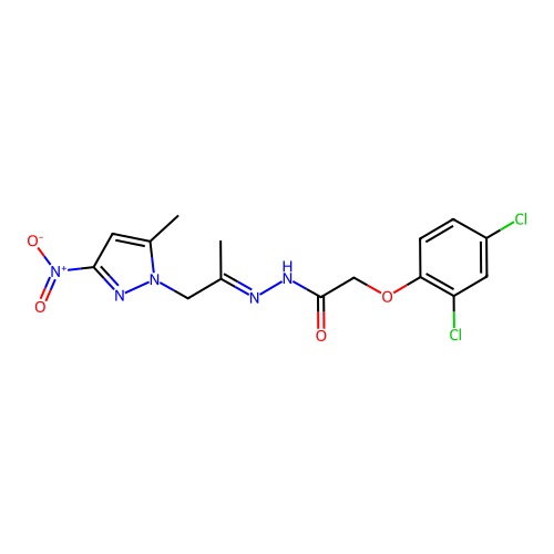 2-(2,4-dichlorophenoxy)-N-[(E)-1-(5-methyl-3-nitropyrazol-1-yl)propan-2-ylideneamino]acetamide structure