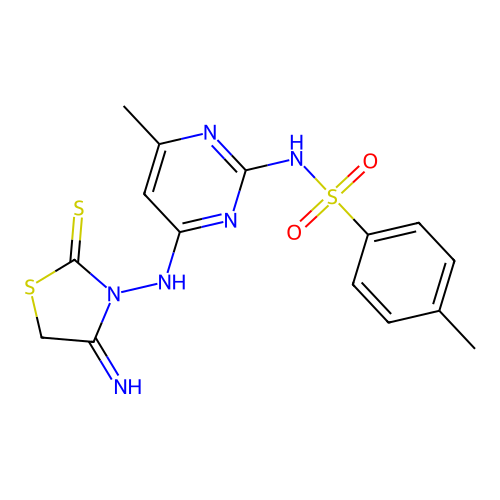 N-(4-((4-imino-2-thioxothiazolidin-3-yl)amino)-6-methylpyrimidin-2-yl)-4-methylbenzenesulfonamide structure