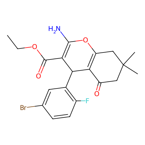 ethyl 2-amino-4-(5-bromo-2-fluorophenyl)-7,7-dimethyl-5-oxo-5,6,7,8-tetrahydro-4H-chromene-3-carboxylate structure