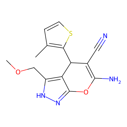 6-amino-3-(methoxymethyl)-4-(3-methylthiophen-2-yl)-2,4-dihydropyrano[2,3-c]pyrazole-5-carbonitrile structure