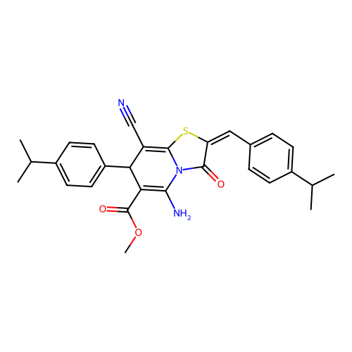 methyl (2E)-5-amino-8-cyano-3-oxo-2-[4-(propan-2-yl)benzylidene]-7-[4-(propan-2-yl)phenyl]-2,3-dihydro-7H-[1,3]thiazolo[3,2-a]pyridine-6-carboxylate structure