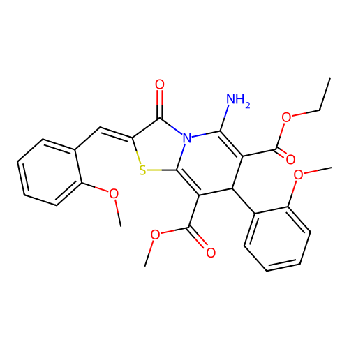 6-ethyl 8-methyl 5-amino-2-(2-methoxybenzylidene)-7-(2-methoxyphenyl)-3-oxo-2,3-dihydro-7H-[1,3]thiazolo[3,2-a]pyridine-6,8-dicarboxylate structure