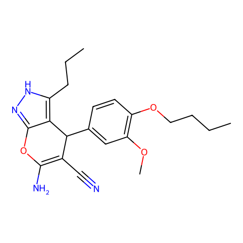 6-amino-4-(4-butoxy-3-methoxyphenyl)-3-propyl-1,4-dihydropyrano[2,3-c]pyrazole-5-carbonitrile structure