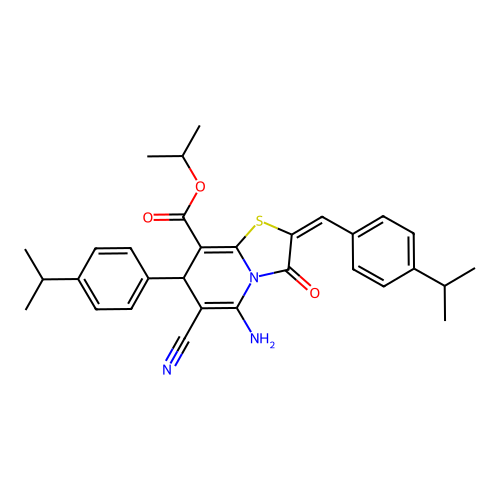 (E)-isopropyl 5-amino-6-cyano-2-(4-isopropylbenzylidene)-7-(4-isopropylphenyl)-3-oxo-3,7-dihydro-2H-thiazolo[3,2-a]pyridine-8-carboxylate structure