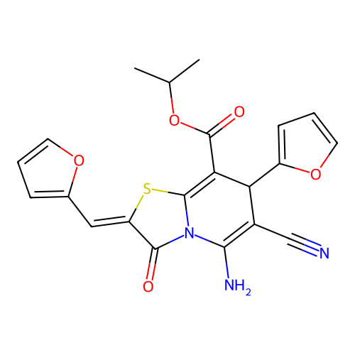 (Z)-isopropyl 5-amino-6-cyano-7-(furan-2-yl)-2-(furan-2-ylmethylene)-3-oxo-3,7-dihydro-2H-thiazolo[3,2-a]pyridine-8-carboxylate structure