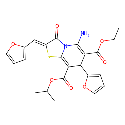 (Z)-6-ethyl 8-isopropyl 5-amino-7-(furan-2-yl)-2-(furan-2-ylmethylene)-3-oxo-3,7-dihydro-2H-thiazolo[3,2-a]pyridine-6,8-dicarboxylate structure