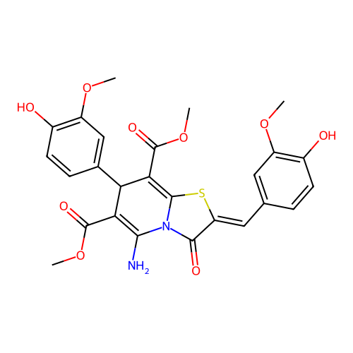 dimethyl 5-amino-2-(4-hydroxy-3-methoxybenzylidene)-7-(4-hydroxy-3-methoxyphenyl)-3-oxo-2,3-dihydro-7H-[1,3]thiazolo[3,2-a]pyridine-6,8-dicarboxylate structure