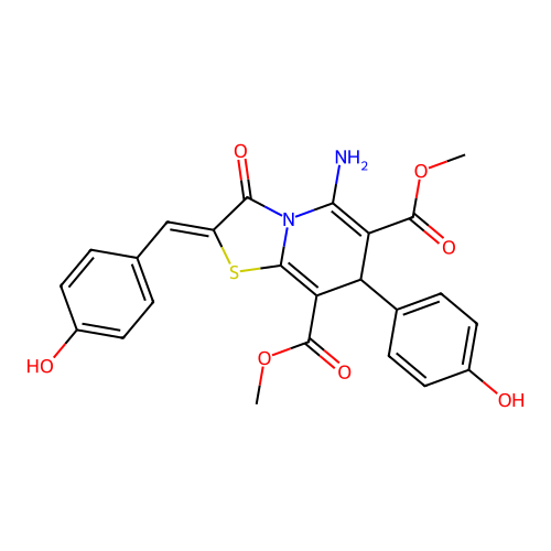 (Z)-dimethyl 5-amino-2-(4-hydroxybenzylidene)-7-(4-hydroxyphenyl)-3-oxo-3,7-dihydro-2H-thiazolo[3,2-a]pyridine-6,8-dicarboxylate structure