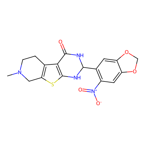 2-{6-nitro-1,3-benzodioxol-5-yl}-7-methyl-2,3,5,6,7,8-hexahydropyrido[4',3':4,5]thieno[2,3-d]pyrimidin-4(1H)-one structure