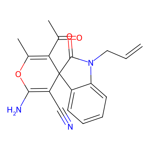 5'-acetyl-2'-amino-6'-methyl-2-oxo-1-(prop-2-en-1-yl)-1,2-dihydrospiro[indole-3,4'-pyran]-3'-carbonitrile structure