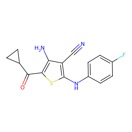 4-amino-5-(cyclopropylcarbonyl)-2-(4-fluoroanilino)-3-thiophenecarbonitrile structure