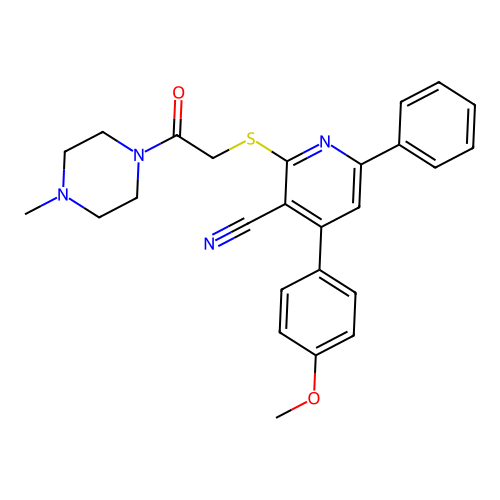 4-(4-methoxyphenyl)-2-((2-(4-methylpiperazin-1-yl)-2-oxoethyl)thio)-6-phenylnicotinonitrile structure