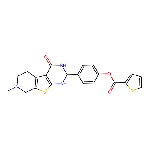 4-(4-hydroxy-7-methyl-1,2,5,6,7,8-hexahydropyrido[4',3':4,5]thieno[2,3-d]pyrimidin-2-yl)phenyl thiophene-2-carboxylate structure