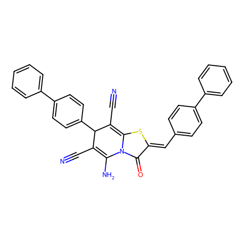 5-amino-7-[1,1'-biphenyl]-4-yl-2-([1,1'-biphenyl]-4-ylmethylene)-3-oxo-2,3-dihydro-7H-[1,3]thiazolo[3,2-a]pyridine-6,8-dicarbonitrile structure