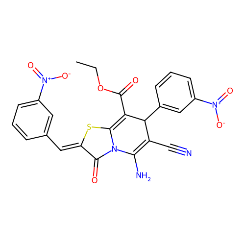 ethyl (2Z)-5-amino-6-cyano-7-(3-nitrophenyl)-2-[(3-nitrophenyl)methylidene]-3-oxo-7H-[1,3]thiazolo[3,2-a]pyridine-8-carboxylate structure