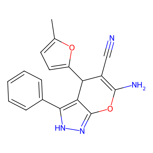 6-amino-4-(5-methyl-2-furyl)-3-phenyl-1,4-dihydropyrano[2,3-c]pyrazole-5-carbonitrile structure