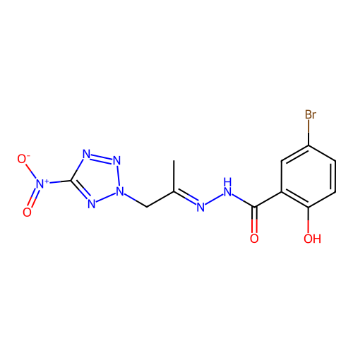5-bromo-2-hydroxy-N'-(2-{5-nitro-2H-tetraazol-2-yl}-1-methylethylidene)benzohydrazide structure