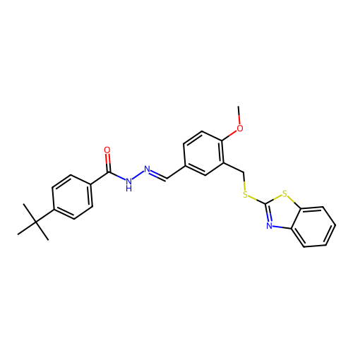 (E)-N'-(3-((benzo[d]thiazol-2-ylthio)methyl)-4-methoxybenzylidene)-4-(tert-butyl)benzohydrazide structure