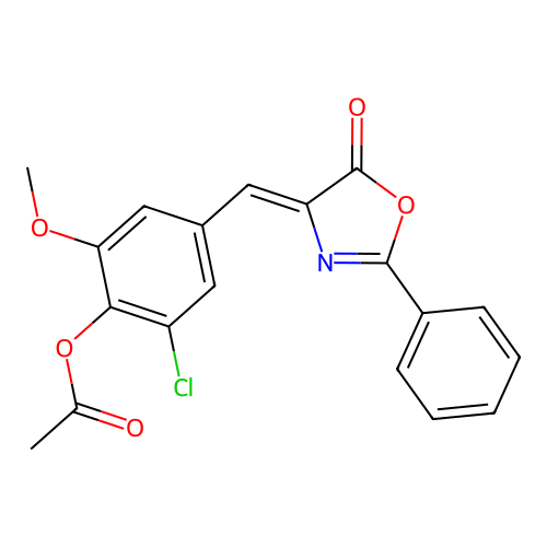 (Z)-2-chloro-6-methoxy-4-((5-oxo-2-phenyloxazol-4(5H)-ylidene)methyl)phenyl acetate structure
