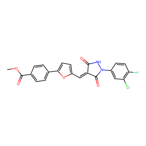 (E)-methyl 4-(5-((1-(3-chloro-4-fluorophenyl)-3,5-dioxopyrazolidin-4-ylidene)methyl)furan-2-yl)benzoate structure