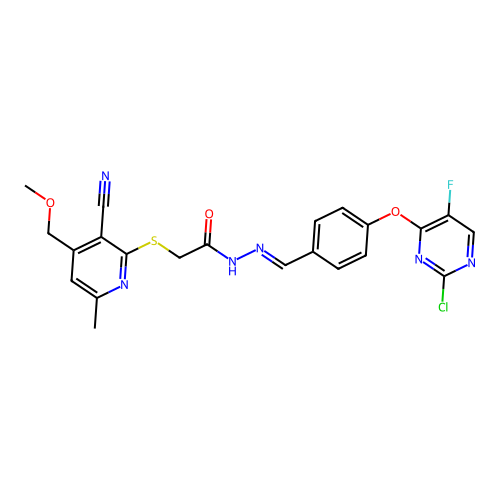 (E)-N'-(4-((2-chloro-5-fluoropyrimidin-4-yl)oxy)benzylidene)-2-((3-cyano-4-(methoxymethyl)-6-methylpyridin-2-yl)thio)acetohydrazide structure