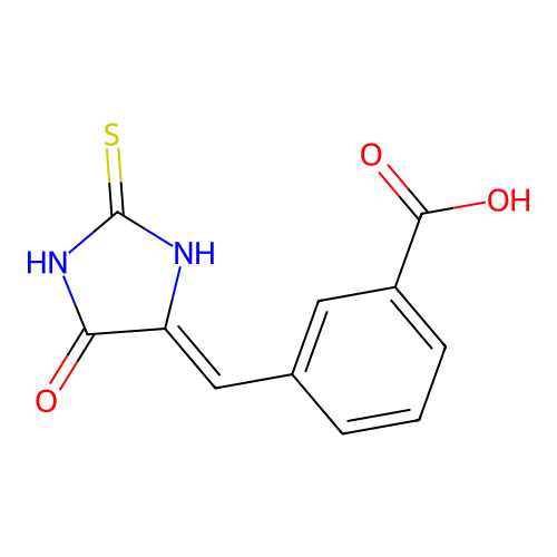 (E)-3-((5-oxo-2-thioxoimidazolidin-4-ylidene)methyl)benzoic acid structure