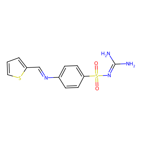 N-carbamimidoyl-4-{[(E)-thiophen-2-ylmethylidene]amino}benzenesulfonamide structure