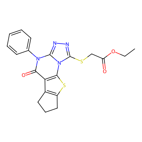 ethyl 2-((5-oxo-4-phenyl-5,6,7,8-tetrahydro-4H-cyclopenta[4,5]thieno[3,2-e][1,2,4]triazolo[4,3-a]pyrimidin-1-yl)thio)acetate structure
