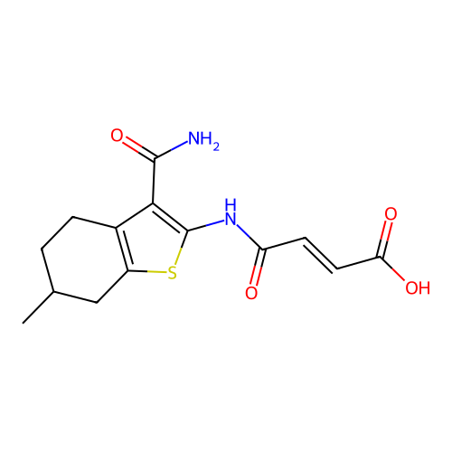 (2E)-4-[(3-carbamoyl-6-methyl-4,5,6,7-tetrahydro-1-benzothiophen-2-yl)amino]-4-oxobut-2-enoic acid structure