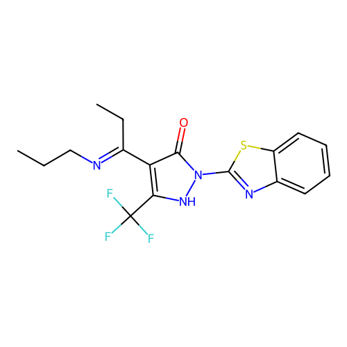 (4E)-2-(1,3-benzothiazol-2-yl)-4-[1-(propylamino)propylidene]-5-(trifluoromethyl)-2,4-dihydro-3H-pyrazol-3-one structure