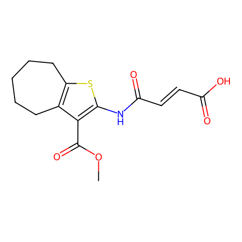 (2E)-4-{[3-(methoxycarbonyl)-5,6,7,8-tetrahydro-4H-cyclohepta[b]thiophen-2-yl]amino}-4-oxobut-2-enoic acid structure