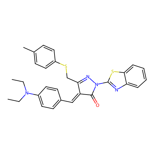 2-(1,3-benzothiazol-2-yl)-4-[4-(diethylamino)benzylidene]-5-{[(4-methylphenyl)sulfanyl]methyl}-2,4-dihydro-3H-pyrazol-3-one structure