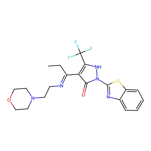 (E)-2-(benzo[d]thiazol-2-yl)-4-(1-((2-morpholinoethyl)imino)propyl)-5-(trifluoromethyl)-1H-pyrazol-3(2H)-one structure