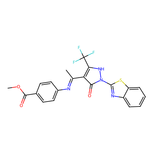 (E)-methyl 4-((1-(1-(benzo[d]thiazol-2-yl)-5-oxo-3-(trifluoromethyl)-1H-pyrazol-4(5H)-ylidene)ethyl)amino)benzoate structure