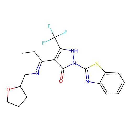 (E)-2-(benzo[d]thiazol-2-yl)-4-(1-(((tetrahydrofuran-2-yl)methyl)imino)propyl)-5-(trifluoromethyl)-1H-pyrazol-3(2H)-one structure