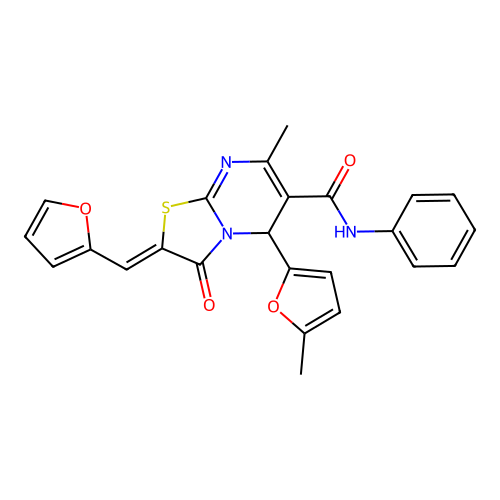 (2E)-2-[(furan-2-yl)methylidene]-7-methyl-5-(5-methylfuran-2-yl)-3-oxo-N-phenyl-2H,3H,5H-[1,3]thiazolo[3,2-a]pyrimidine-6-carboxamide structure