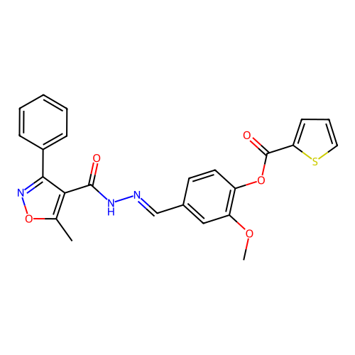 (E)-2-methoxy-4-((2-(5-methyl-3-phenylisoxazole-4-carbonyl)hydrazono)methyl)phenyl thiophene-2-carboxylate structure