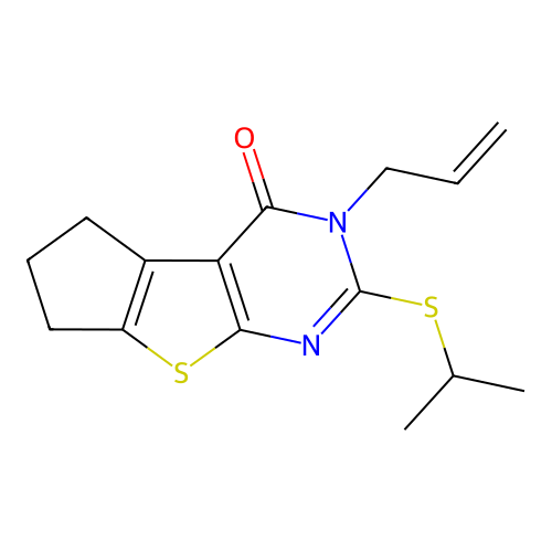 2-(propan-2-ylsulfanyl)-3-(prop-2-en-1-yl)-3,5,6,7-tetrahydro-4H-cyclopenta[4,5]thieno[2,3-d]pyrimidin-4-one structure