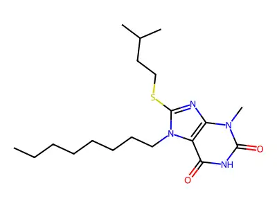 8-(isopentylsulfanyl)-3-methyl-7-octyl-3,7-dihydro-1H-purine-2,6-dione structure