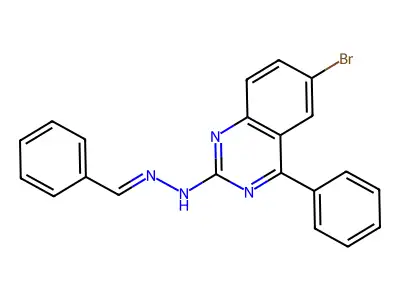 N-[(E)-benzylideneamino]-6-bromo-4-phenylquinazolin-2-amine structure