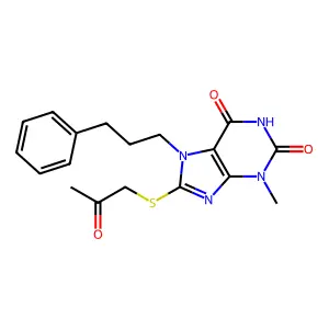3-methyl-8-((2-oxopropyl)thio)-7-(3-phenylpropyl)-1H-purine-2,6(3H,7H)-dione structure