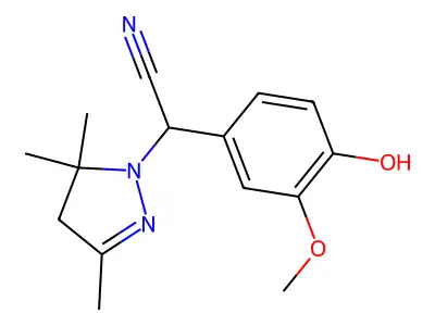 2-(4-hydroxy-3-methoxyphenyl)-2-(3,5,5-trimethyl-4H-pyrazol-1-yl)acetonitrile structure