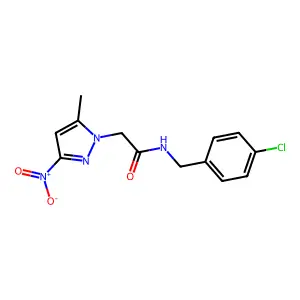 N-[(4-chlorophenyl)methyl]-2-(5-methyl-3-nitropyrazol-1-yl)acetamide structure