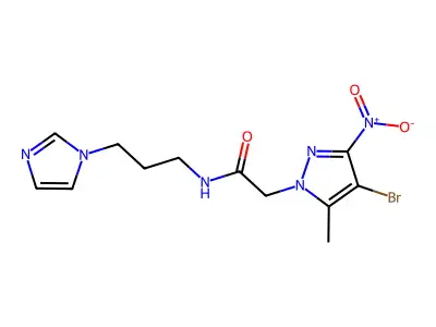 2-(4-bromo-5-methyl-3-nitro-1H-pyrazol-1-yl)-N-[3-(1H-imidazol-1-yl)propyl]acetamide structure