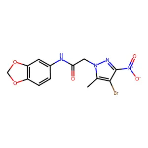 N-(1,3-benzodioxol-5-yl)-2-(4-bromo-5-methyl-3-nitropyrazol-1-yl)acetamide structure