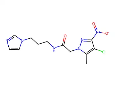 2-(4-chloro-5-methyl-3-nitropyrazol-1-yl)-N-(3-imidazol-1-ylpropyl)acetamide structure