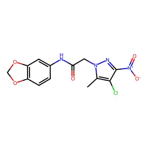N-(1,3-benzodioxol-5-yl)-2-(4-chloro-5-methyl-3-nitropyrazol-1-yl)acetamide structure